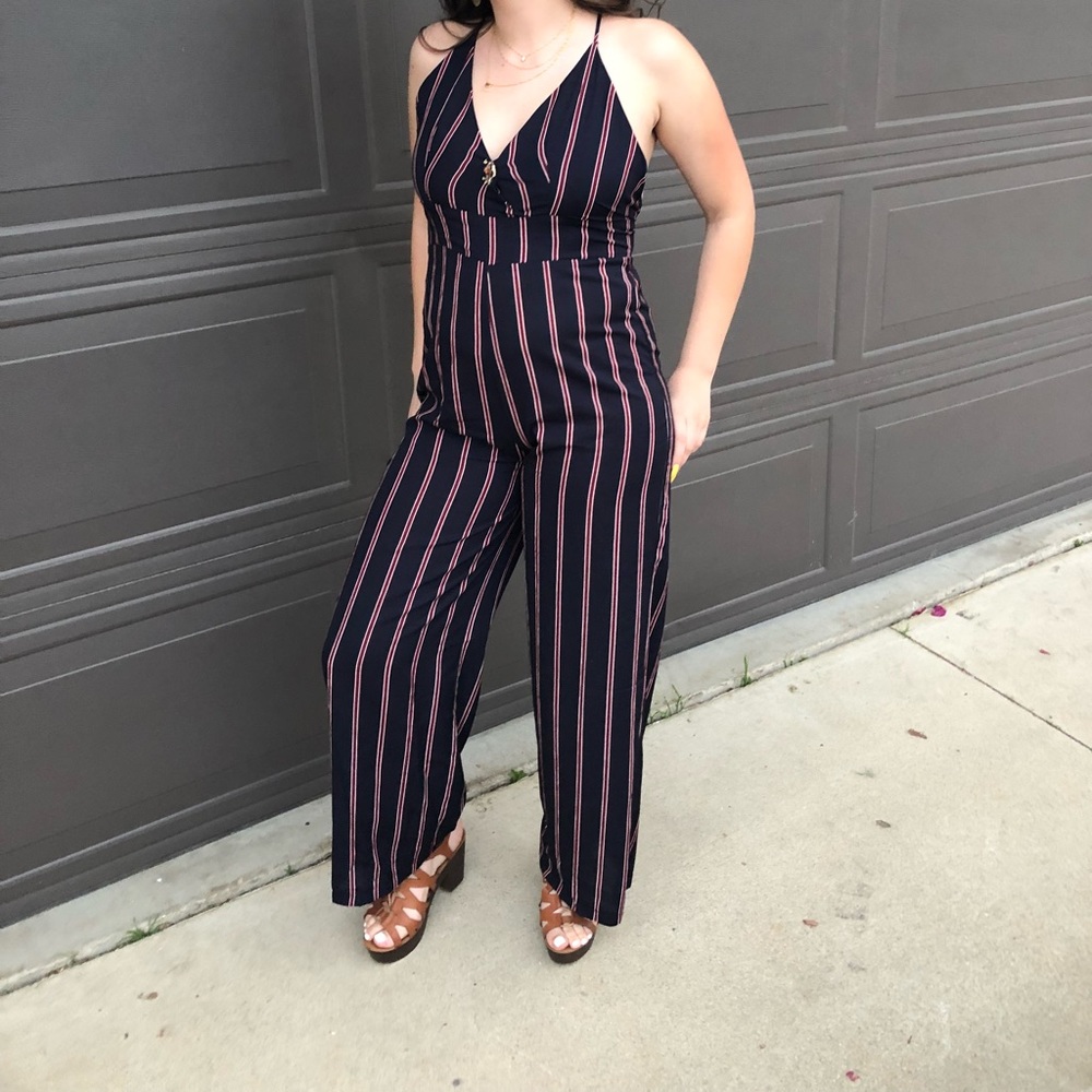 Navy blue and red striped jump suit